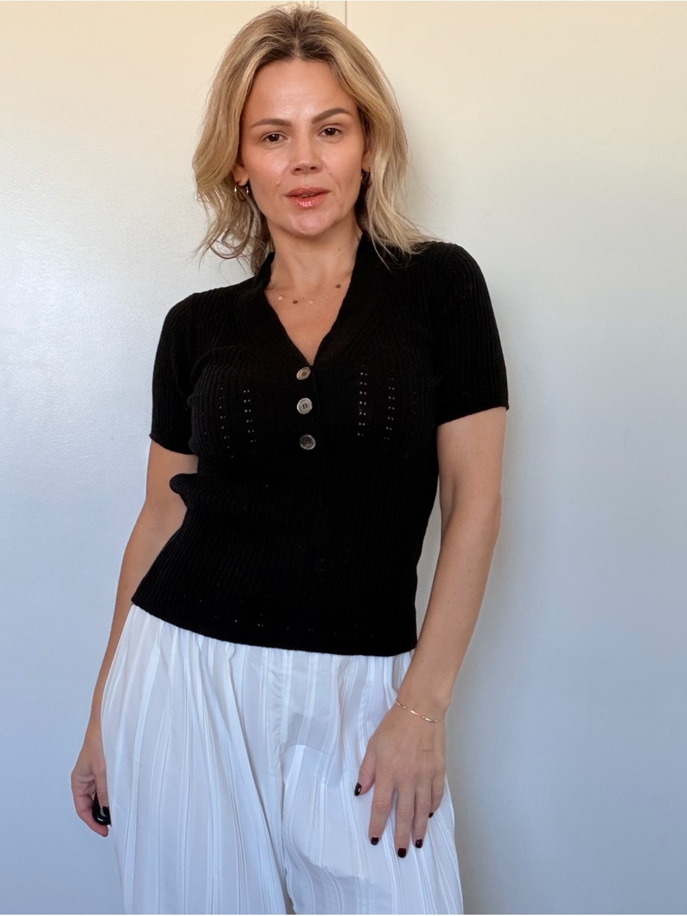 Almina Concept Ribbed Short-Sleeve Polo Knit Top